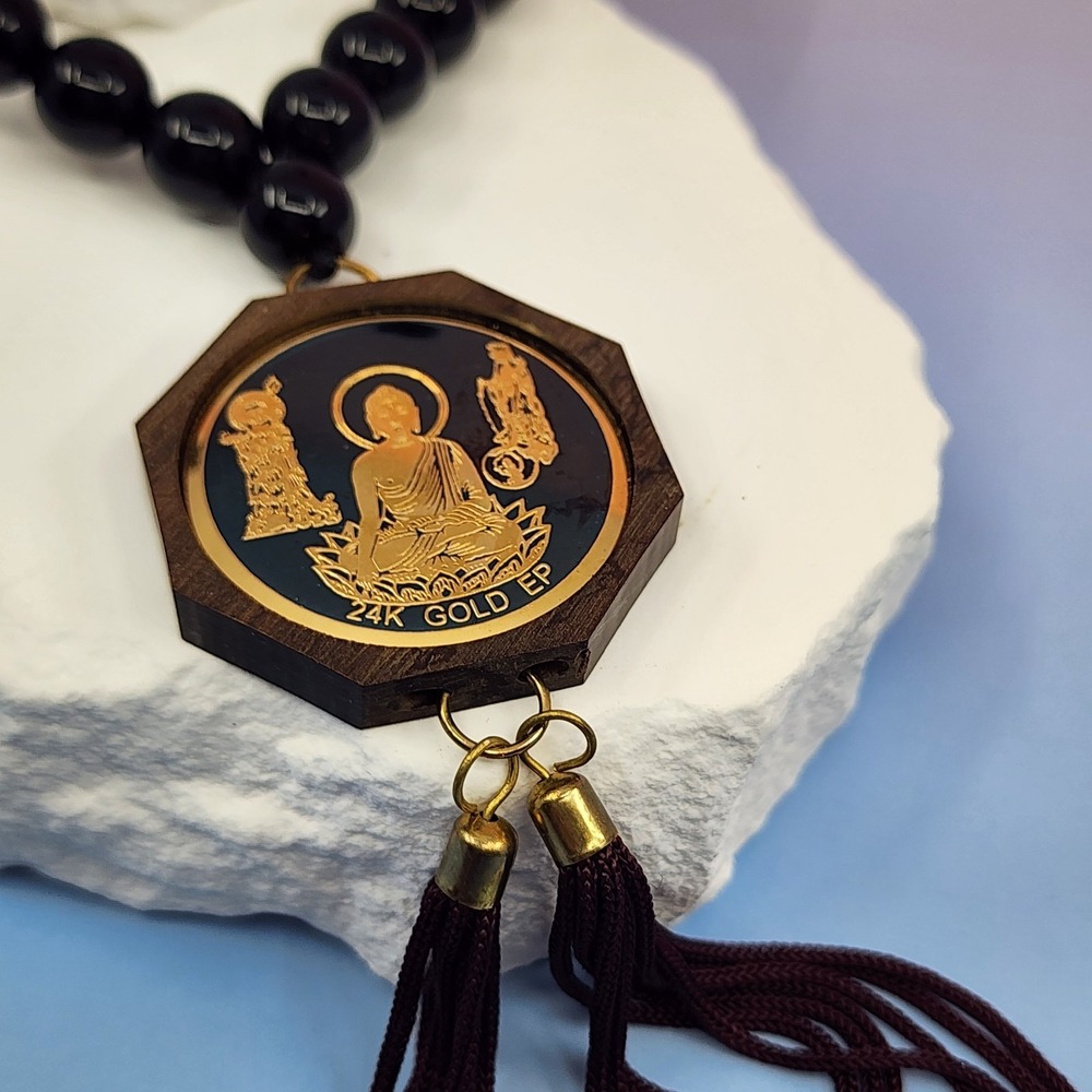 24K Gold EP Buddha Black Bead Tassel Necklace Wood Pendant Spiritual Vintage